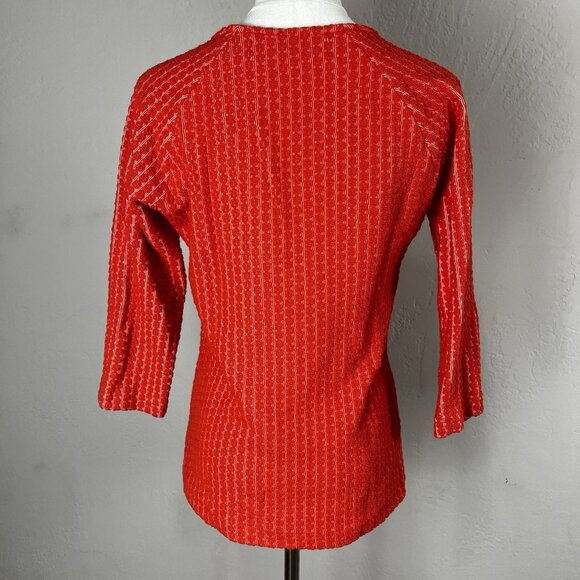 Lesley Evers Top Textured Orange Striped 3/4 Sleeve Round Neck Size Small - Picture 4 of 9